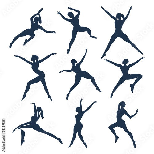 Set of female dancer or gymnast silhouettes in dynamic poses.