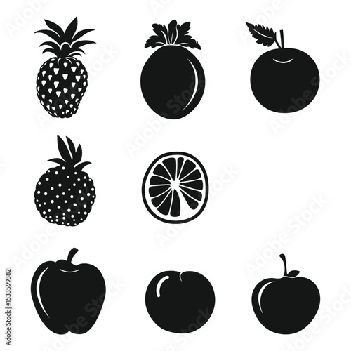Set of black and white fruit icon silhouettes.