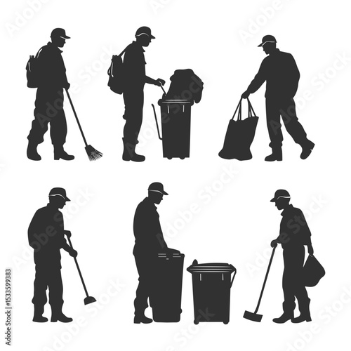 Collection of street sweeper or janitor silhouettes at work.