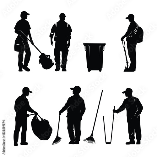 Set of street cleaner and janitor silhouettes with equipment.