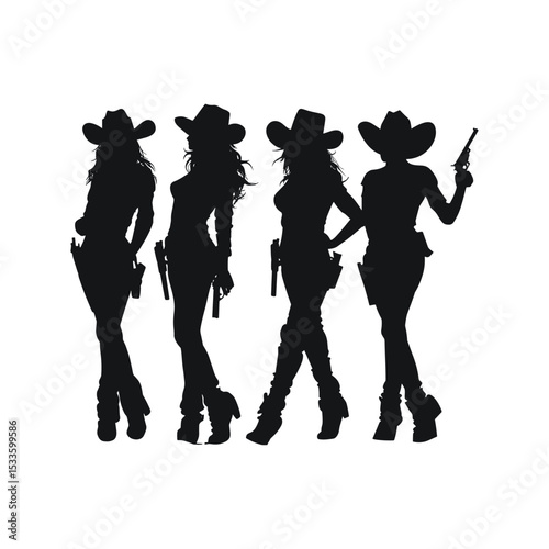 Silhouette of four sexy cowgirls posing with guns.