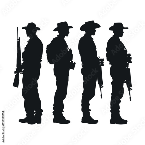 Side profile silhouette of a squad of four soldiers standing in line.