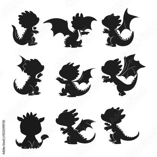 Set of cute baby dragon character silhouettes in various poses.
