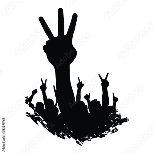 Silhouette of a protest crowd with a three-finger salute.