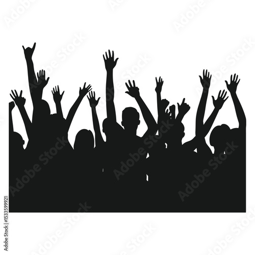 Silhouette of a crowd of fans with hands in the air.