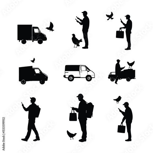 Set of delivery man and van silhouettes.