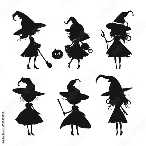 Collection of sexy and cute witch silhouettes for Halloween.