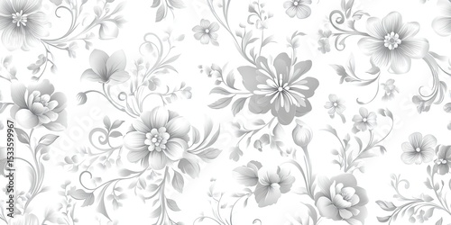 Elegant, detailed grayscale floral pattern on white background.  Delicate, repeating design of various sized flowers and scrolling vines.  Soft, muted tones create a subtle and refined aesthetic