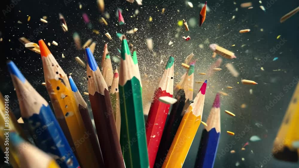 Colorful pencils scatter dramatically on a dark surface creating a burst of colors and fragments, Colorful pencils falling on a black surface, Ultra Slow Motion