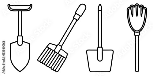 Minimalist vector set of gardening tools – shovel, rake, gloves, pruning shears – in pastel color palette, perfect for web or print