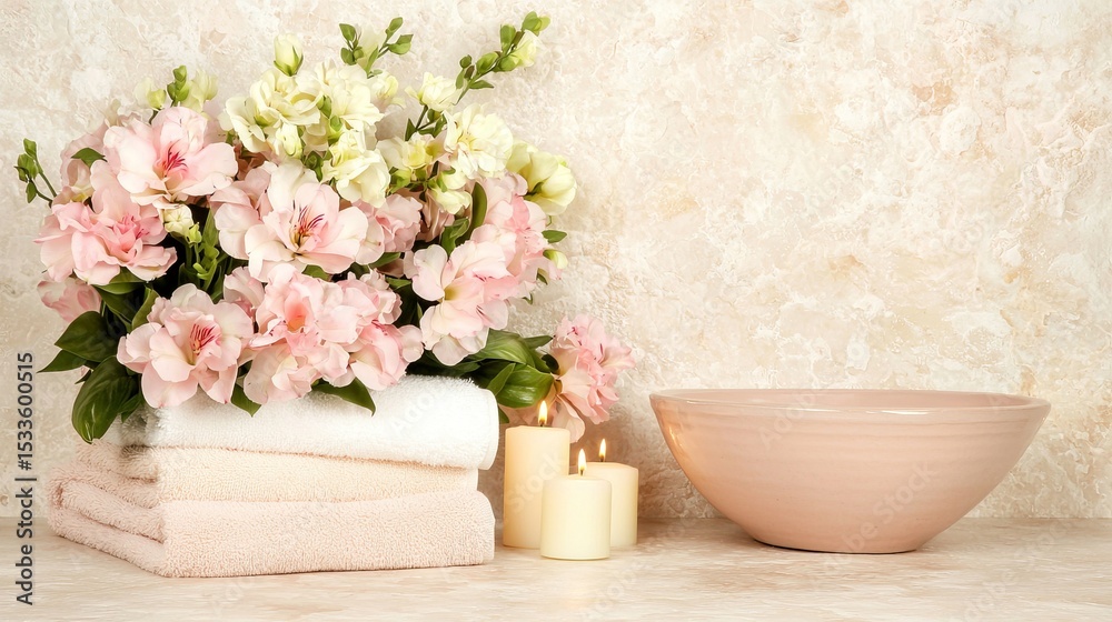 Fototapeta premium Serene Spa Setup with Fresh Flowers, Candles, and Soft Towels