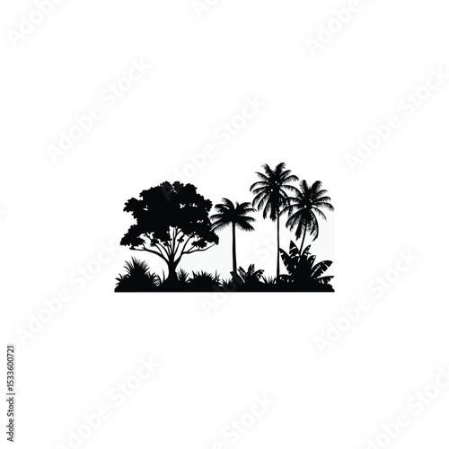 A tropical forest silhouette with palm trees on white background