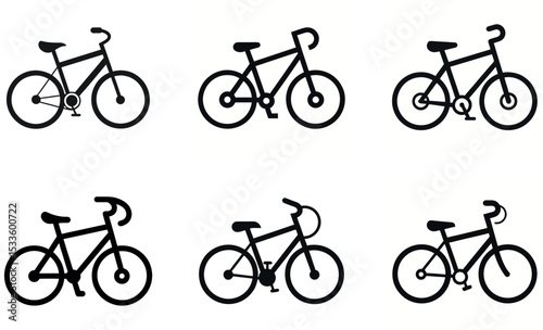 Illustration of Six Different Bicycle Silhouettes, Varied Handlebars and Frame Designs, Black Outline