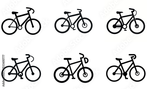 Collection of Six Black and White Bicycle Icons Illustrating Different Bike Types and Styles