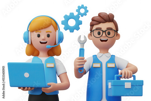 Friendly 3D Cartoon Customer Support Team Offering Technical Assistance