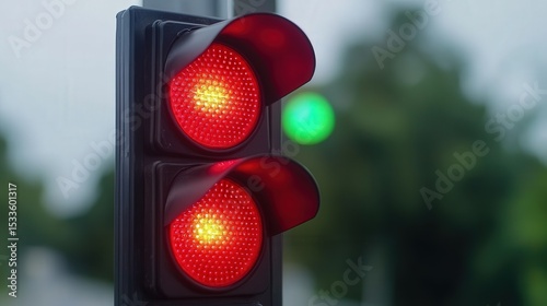 Close-up of a red traffic light with a blurred green light in the background, signaling vehicles to stop.