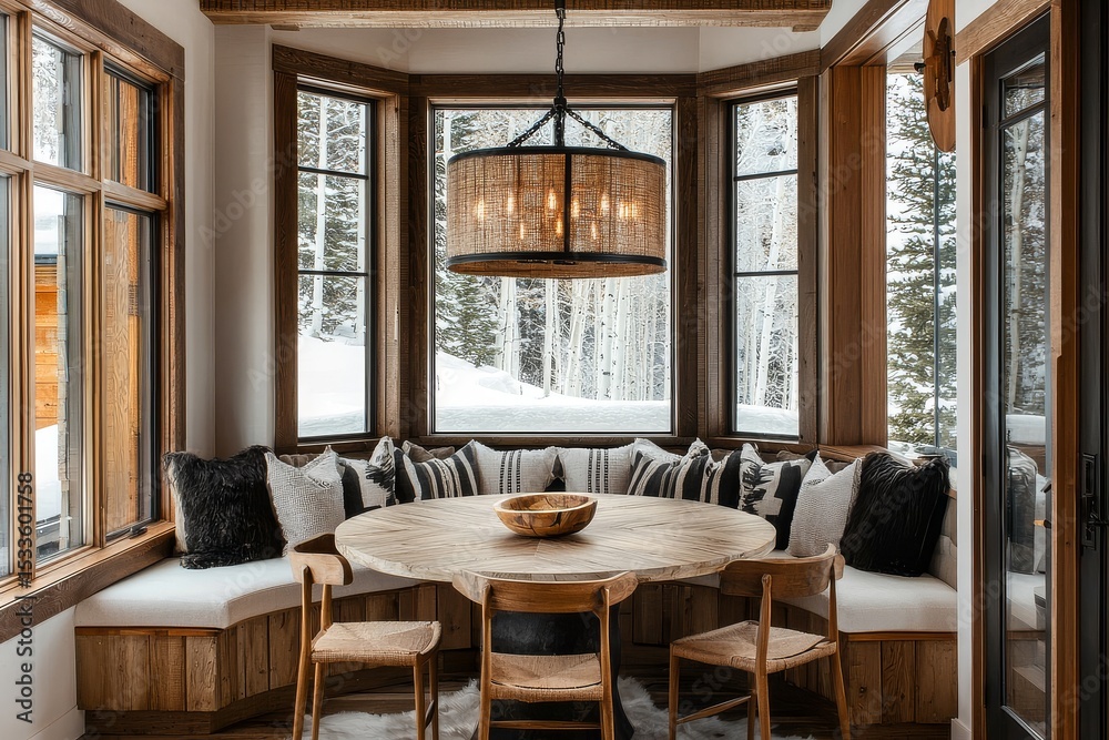 Fototapeta premium Cozy dining nook with oval table, built-in seating, white oak and walnut accents, wooden chandelier, and natural light in modern farmhouse style