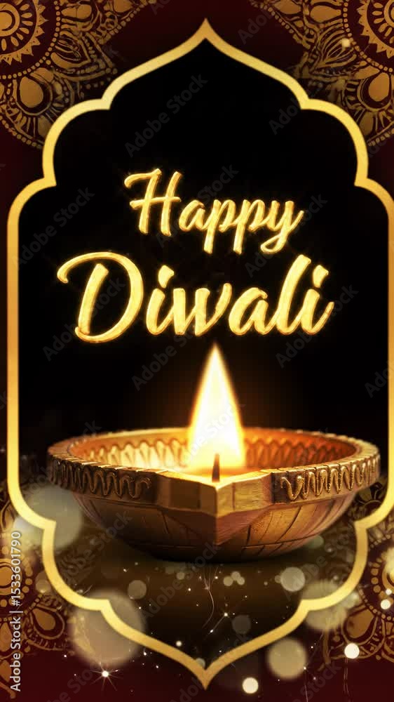 custom made wallpaper toronto digitalTraditional brass diya oil lamp, flickering amber flame, centered medium close-up, intricate glowing golden 'Happy Diwali' border. Background reveals ornate Indian patterns, soft-focus string lights