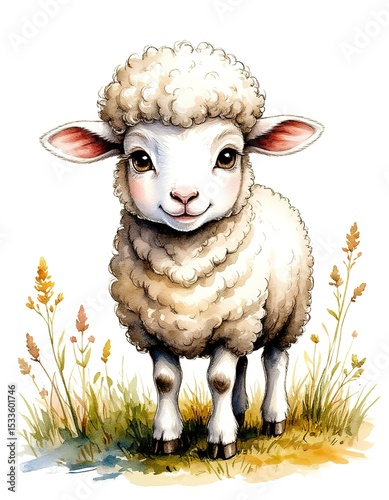 cute little sheep watercolor illustration. template card, print.