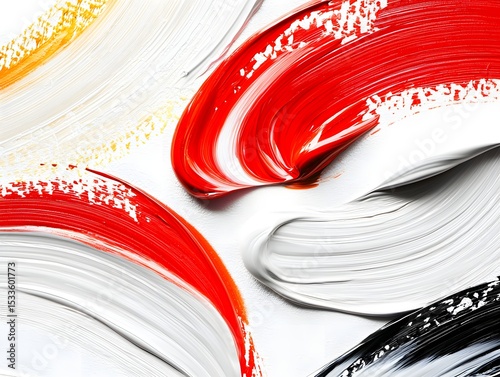 Abstract Colorful Brush Strokes with Red, Black, White, and Yellow Paint on Canvas Surface