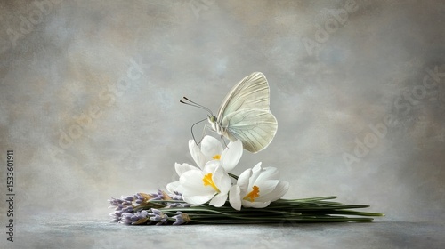 Delicate White Butterfly on Vibrant Floral Arrangement with Soft Background