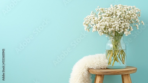 Fresh White Flowers in a Jar on a Wooden Stool Against Blue Wall