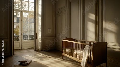 Serene Nursery Interior with Wooden Crib and Natural Light Play