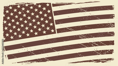 Vintage american flag with brown stripes and white stars on a beige background with distressed effect