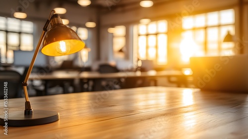 Cozy Workspace with a Desk Lamp Illuminating a Modern Office at Sunset
