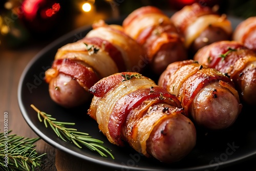 Delicious pigs in blankets featuring chipolata sausages wrapped in crispy bacon, perfect for holiday gatherings and Christmas celebrations