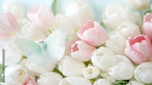Delicate Butterfly Among Soft Pink and White Tulips in Spring Garden