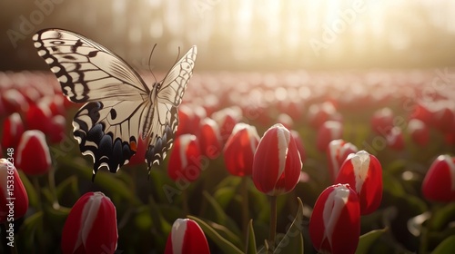 Beautiful Butterfly on Red Tulips in a Sunny Flower Field