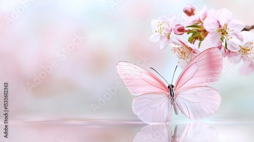 Delicate Pink Butterfly Perched on Cherry Blossom Branch