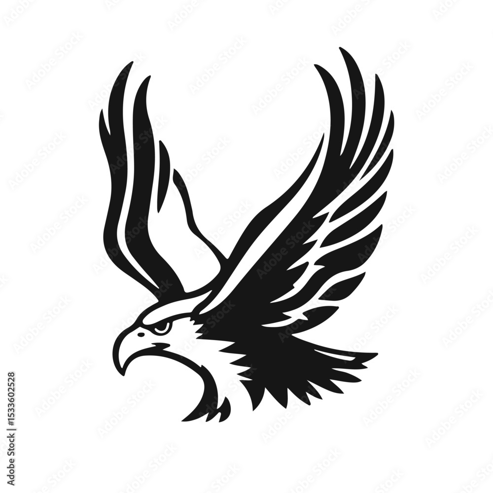 Obraz premium Flying eagle silhouette with wide wings spread, bold bird outline in black and white vector style design, eagle silhouette, flying eagle, bird outline, wild bird, eagle wings