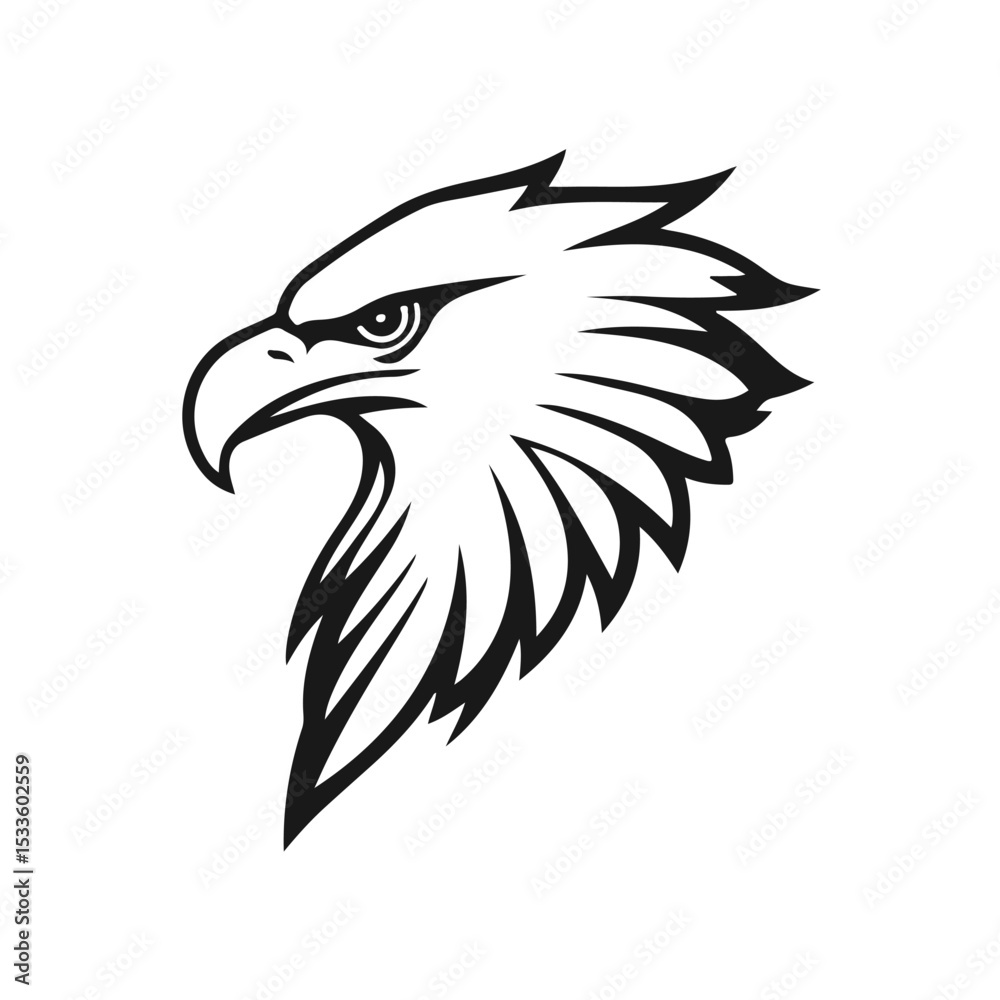 Obraz premium Eagle head silhouette in black and white vector style with sharp beak and expressive eyes directed forward, eagle head, bird head, eagle face, bird of prey