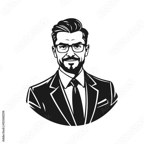 Stylish bearded businessman avatar in black suit and glasses, clean vector male portrait with modern haircut, business man, male avatar, bearded man, vector portrait, stylish character