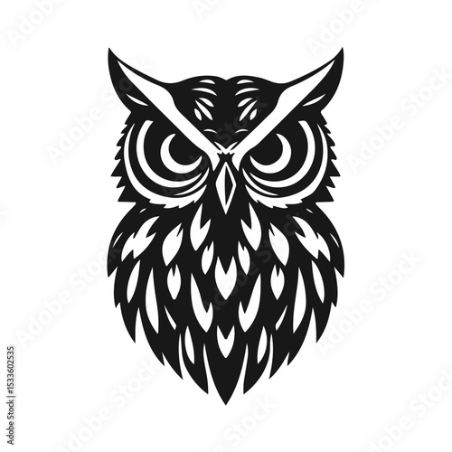 Owl silhouette in black and white vector style with wide open eyes, pointed ears, owl silhouette, bird outline, night bird, vector owl, bird of prey