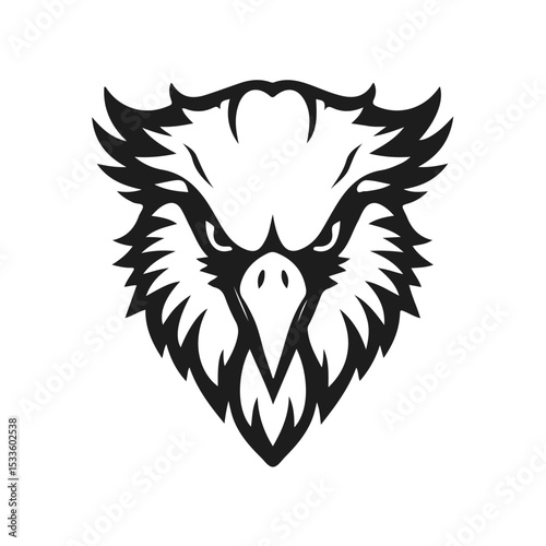 Eagle head silhouette in black and white vector style with sharp beak and expressive eyes directed forward, eagle head, bird head, eagle face, bird of prey