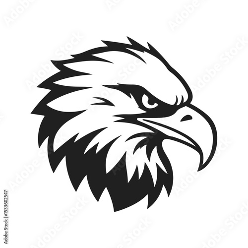 Eagle head silhouette in black and white vector style with sharp beak and expressive eyes directed forward, eagle head, bird head, eagle face, bird of prey
