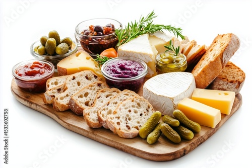 Delicious ploughman's lunch featuring assorted cheese, fresh bread, pickles, chutney, and accompaniments on a wooden board isolated against a white background