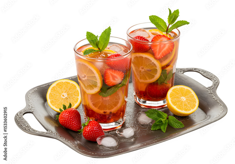 Fototapeta premium Three refreshing fruit cocktails with strawberries, citrus slices, and fresh mint garnishes on decorative serving tray, isolated on white or transparent background. PNG