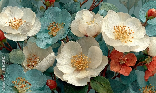 Elegant floral wallpaper with white petals in pencil style on textured paper, modern and minimalist in moody tones