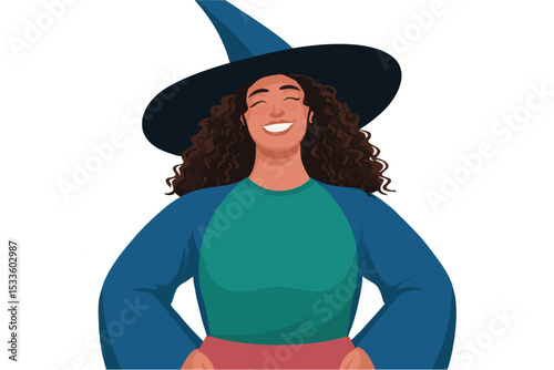 Modern cartoon witch smiling in Halloween costume flat style illustration