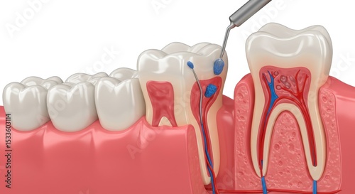 Detailed anatomical illustration showing the cross-section of three teeth undergoing various stages of root canal treatment, featuring dental tools and internal tooth structure.