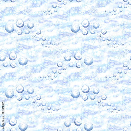 Waves from water bubbles watercolor seamless pattern for kids marine designs. Circle transparent spheres of soap foam different size. Hand drawn illustration of splater round blobs in nautical style.