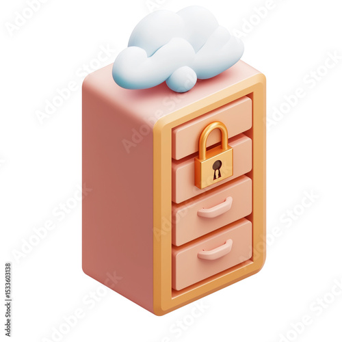 3D Secure Cloud File Cabinet with Padlock & Documents on Transparent Background