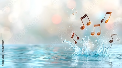 Musical Notes Splashing in Water Under a Bright and Dreamy Background