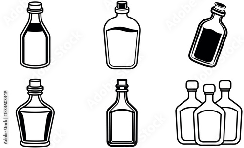 Outline Drawing of Six Bottles Containing Liquid of Varying Levels and Placements on White Background
