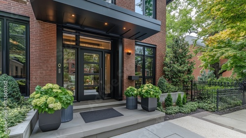 Minimalist black door with classic trim  flanked by two identical green potted plants in a modern front porch design