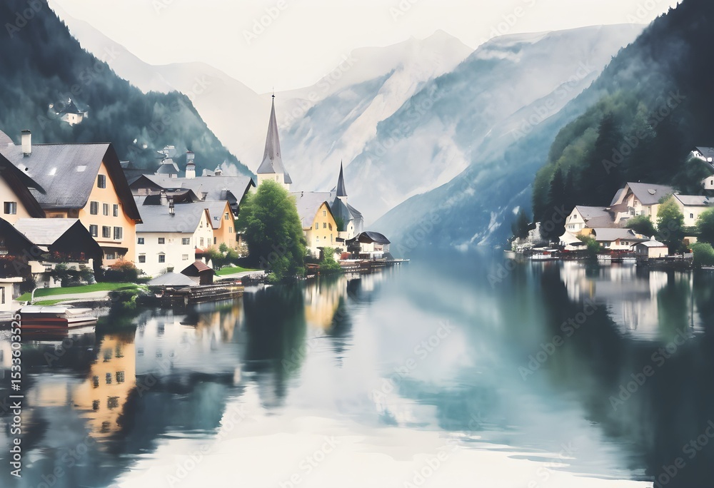 Fototapeta premium A serene village nestled by a lake, reflecting mountains and sky.